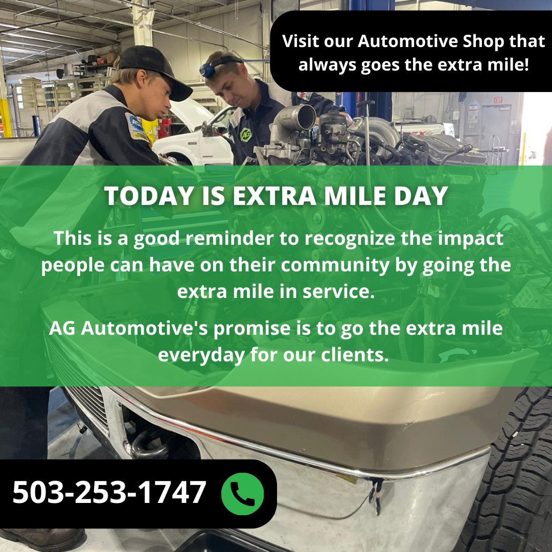 ag_autorepair's tweet photo. Today is Extra Mile Day. Come visit our Automotive shop that always goes the extra mile! Call us today at (503) 253-1747. #pdx #autoshop #Portland #extramile #agautomotive https://t.co/Tol1VVQTRr