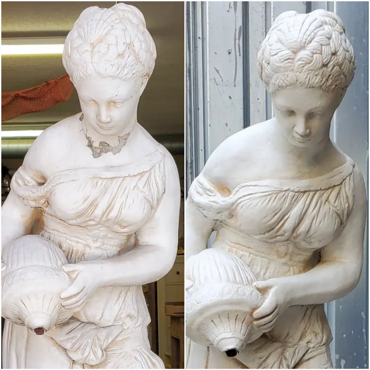 LaPorteVintage's tweet photo. Damaged outdoor concrete statue before & after #statuerestoration https://t.co/DVUhZs1Py2