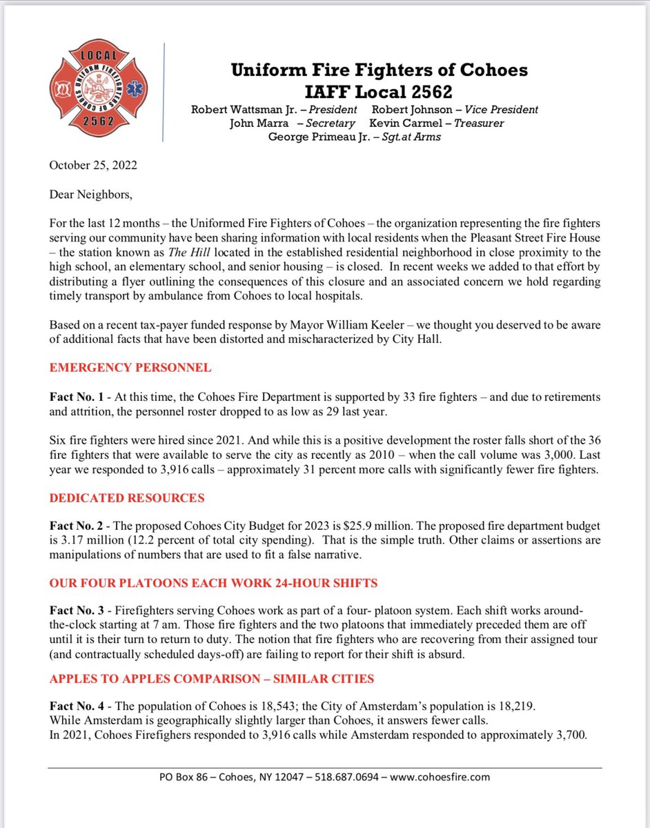 CohoesFire's tweet photo. .@CohoesFire today released the following letter to its #Cohoes neighbors.
#FactsAreStubbornThings. https://t.co/KeUz5BLrLG