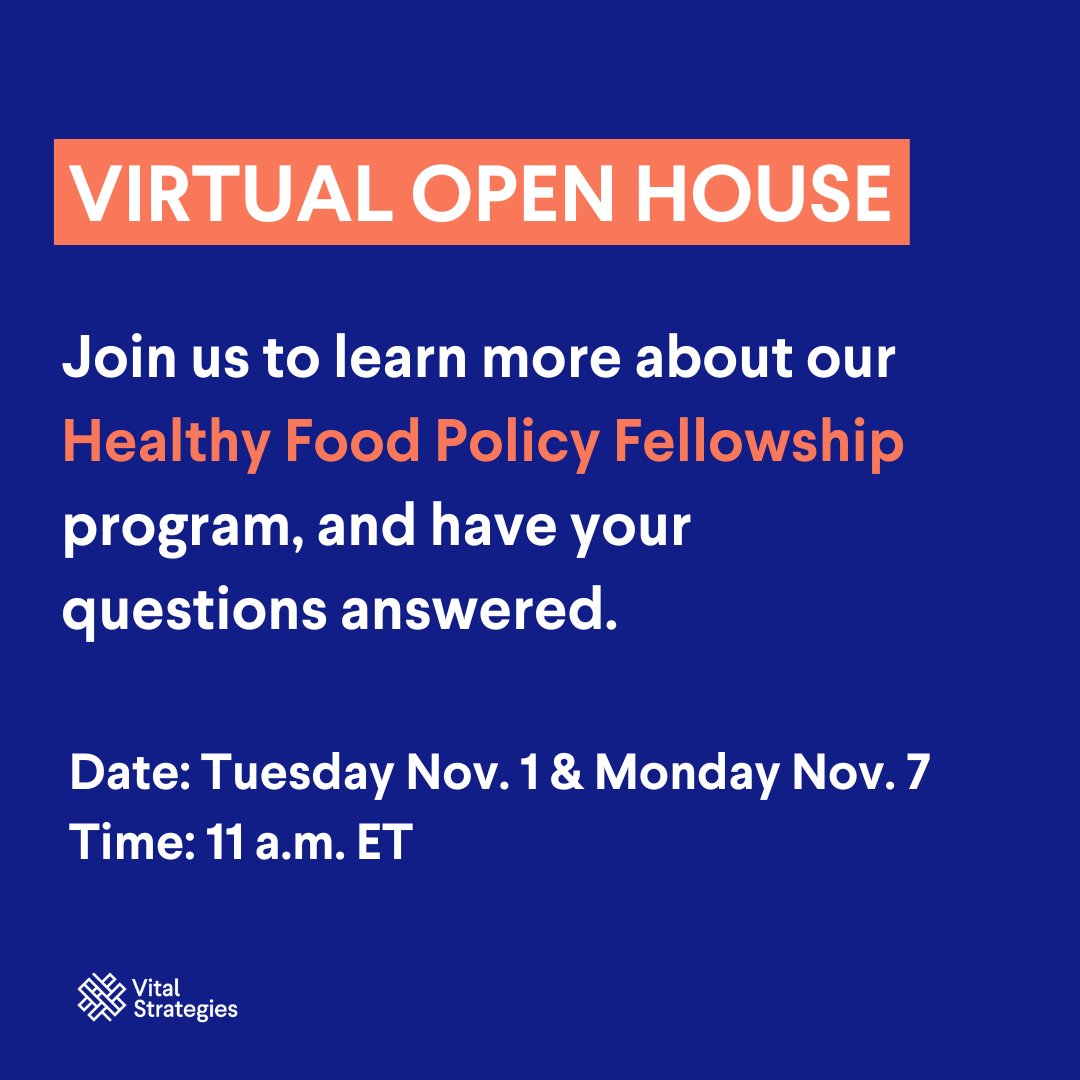 VitalStrat's tweet photo. Want to learn more about the @VitalStrat @BloombergDotOrg Healthy Food Policy Fellowship program?

Join our interactive open house Q&amp;A on Nov. 1 and Nov. 7 via Zoom to hear about our fully funded Ph.D. fellowship opportunities. https://t.co/mhjBhhgvTq https://t.co/iZhrnesHQF