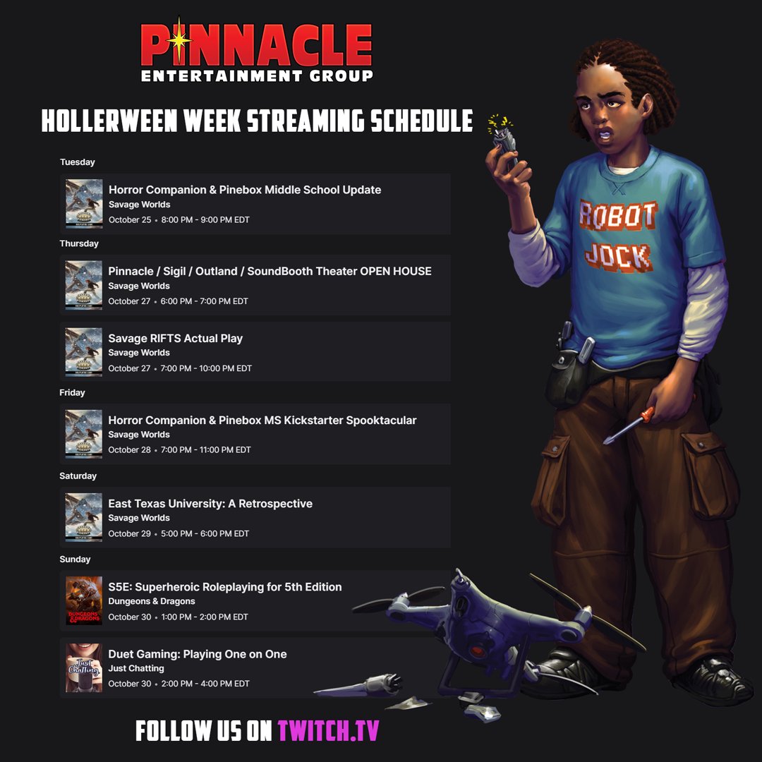 We have quite a few tricks and treats on a jam-packed week of streams starting tonight! Follow us at twitch.tv/peginc to keep up on all the action.