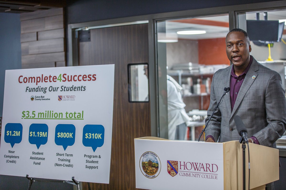 HoCoGovExec's tweet photo. Today, we launch the Complete4Success Scholarship, a $3.5M investment in our students at @HowardCC. The Complete4Success Scholarship will cover tuition and fees, emergency needs, and training critical industries for 2,000 eligible students so students can get their credits. https://t.co/TByJpo43kN