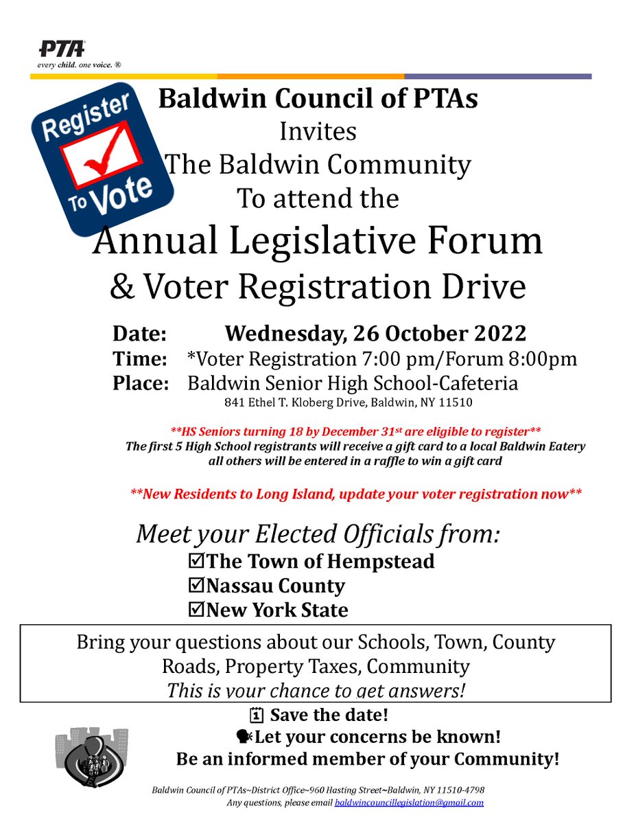 BaldwinUFSD's tweet image. The Baldwin Council of PTA’s is holding their annual Legislative Forum and Voter Registration this Wednesday, October 26 at the Baldwin HS. Meet your elected officials from The Town of Hempstead, Nassau County and New York State. #WhatsBRUINinBaldwin #BaldwinSchools #BaldwinPTA