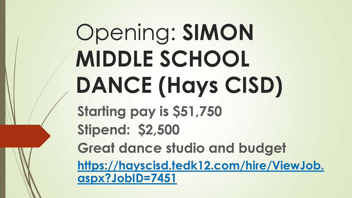 I have a MS dance opening at Simon MS in Hays CISD. It's a wonderful school with a great dance studio and budget. Please help me spread the word. Send resumes to patty.moreno@hayscisd.net