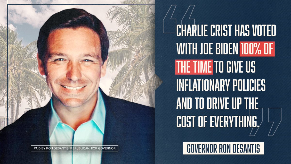 Floridians don’t want a Biden Yes Man running their state. Floridians want a leader who stands up for them and puts Florida first. Floridians want four more years of Governor @RonDeSantisFL! 💯