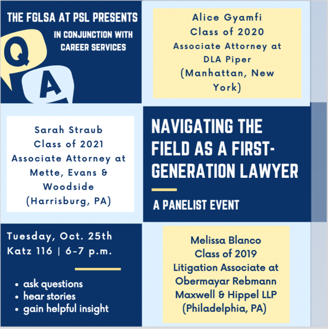 PennStateLaw's tweet photo. HAPPENING TONIGHT AT 6:00 P.M.:

A great opportunity to hear from two #PennStateLaw Alumna about navigating the field as a first-generation lawyer. Bonus - Taco Bell will be provided! #WeAre #PennStateLaw #firstgenlawyer #law #lawschool https://t.co/TMMcJQ0UxR