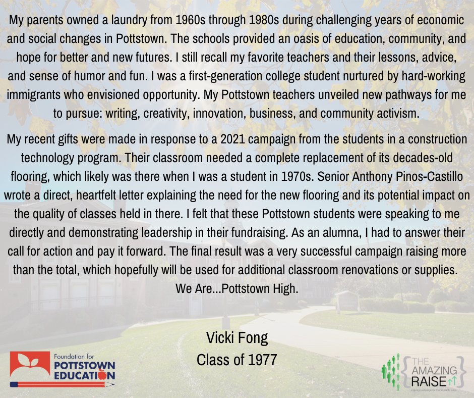 Alumni, we need your help.  We need at least 36 more PHS Alumni to donate to the FPE's Amazing Raise Campaign.  By hitting this goal we can earn a $10,000 Challenge Gift.  

You can help us reach this goal by
Donating online at foundationpottstowned.org/donate/