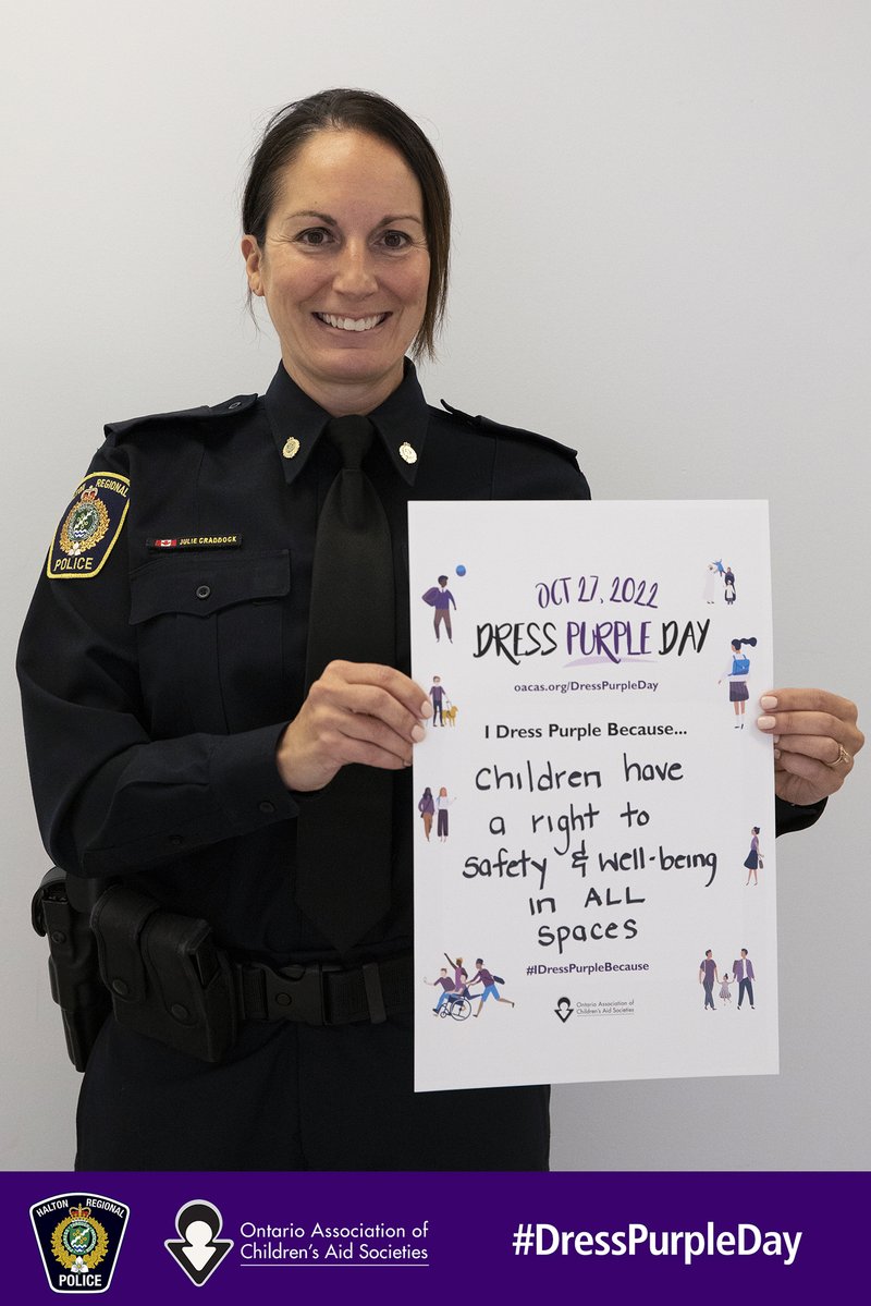 Members of our Senior Command proudly share their #IDressPurpleBecause in anticipation of tomorrow’s Dress Purple Day 💜 Join our Service and dress purple in support of children, youth, and families in Halton and across Ontario. Learn more: haltoncas.ca