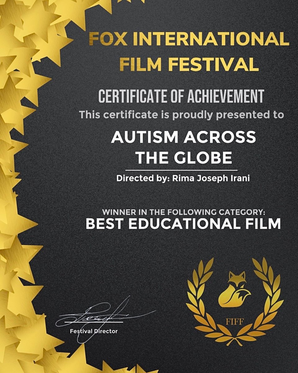 RimaIrani's tweet photo. To be awarded in the shrine of civilization,the mother land of Fellini &amp; Zeffirelli is an unparalleled pride.
Many thanks to Fox International Film Festival,Rome-Italy for selecting Autism Across the Globe as Best Educational Film.
My deepest gratitude to all who made it happen. https://t.co/lBRUmUuzan