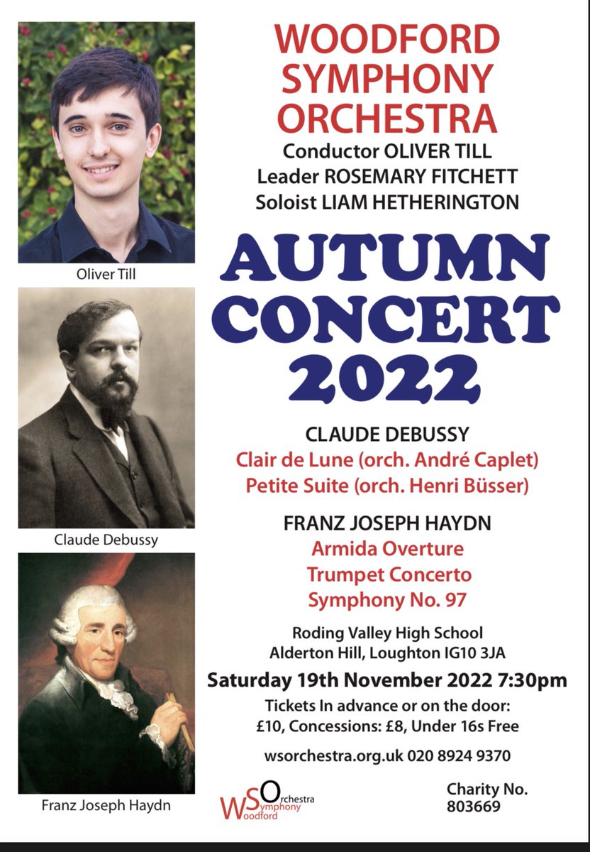 theWSOrchestra's tweet photo. We have an exciting line up for our autumn concert! 🍂🎵

Debussy - Petite Suite (orch.)
Debussy - Claire de Lune (orch.)
Haydn - Armida Overture
Haydn - Trumpet Concerto
Haydn - Symphony no 97

📍Roding Valley High School, Loughton
📅 Saturday 19th November
🕰️ 19:30
🎟️ £10 OTD https://t.co/UKvL0uOeVU
