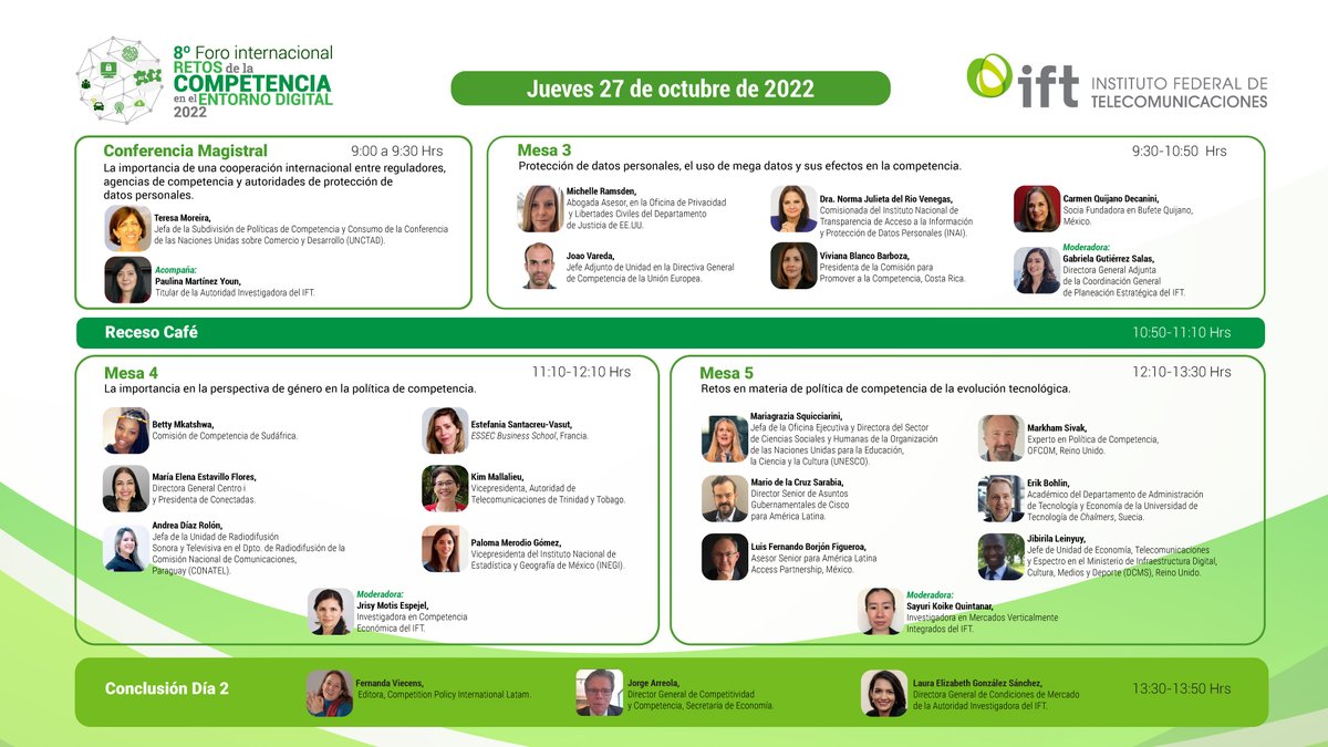 IFT_MX's tweet photo. Únete al segundo día del #ForoRetosDeLaCompetencia donde expertas y expertos hablarán sobre la situación actual, oportunidades y retos que enfrentan las #Telecom y #Radiodifusión 📡 en materia de #CompetenciaEconómica y #Regulación.
🗓️27 de octubre.
https://t.co/dIq8jOkgOz https://t.co/sypj9mXNX0