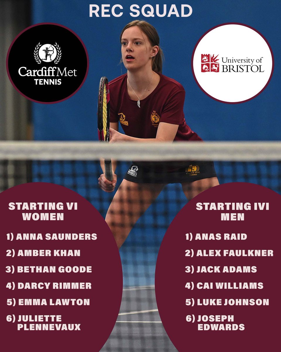 CMetTennis's tweet photo. Rec Squad Selections ๐ Bristol Uni Rec Squad
๐ Wednesday 26th October
๐ Cyncoed Campus Tennis Centre
#GameSetMet | @CMetSUSport | #cmettennis https://t.co/BKG36sSP4R