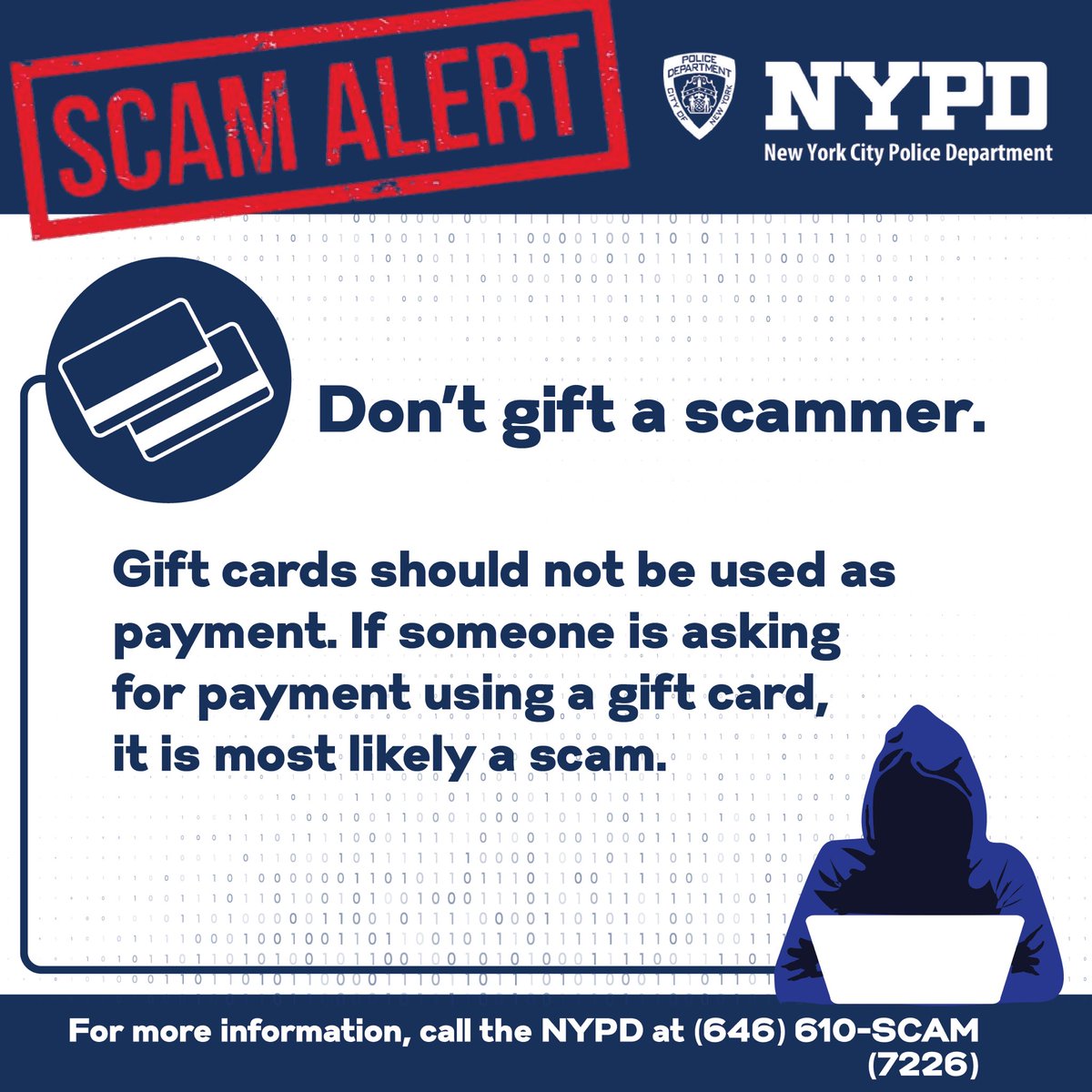 Scammers are finding new ways to appear official &amp; steal your money!

Call our 𝗡𝗘𝗪 𝟮𝟰/𝟳 𝗵𝗼𝘁𝗹𝗶𝗻𝗲 at 646-610-SCAM (7226) &amp; speak with a live officer if you think you've been the victim of a scam or have questions about a suspicious call, text, or email.