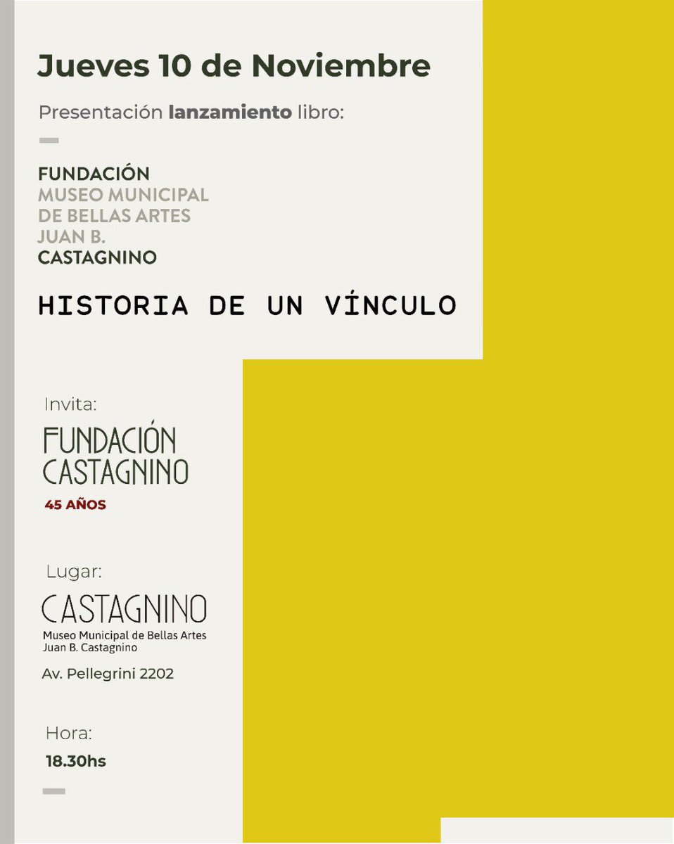 CastagninoMuseo's tweet photo. Libro: Fundación Castagnino - Historía de un Vínculo. 45 años de Articulación Público Privada.
<<< Lanzamiento 10 de Noviembre. Museo Juan B. Castagnino. >>>
#museocastagnino #fundacioncastagnino #rosariocultura #fadam #wffm #diarialacapital https://t.co/Qem15iHrk4