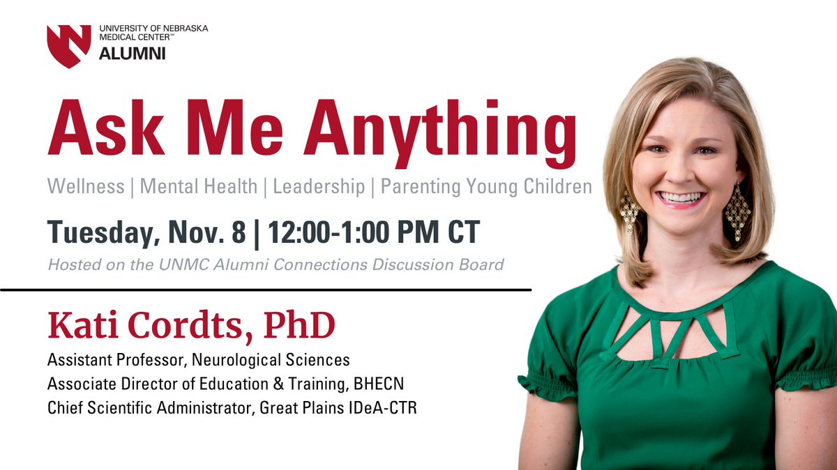 📅Join us 2 weeks from today on UNMC Alumni Connections for a live text chat with @DrKatiCordts! Ask her anything about leadership, parenting, wellness & more between noon and 1 PM on Tuesday, November 8. Submit a question in advance: forms.gle/sLtZNRUPWVayd8…