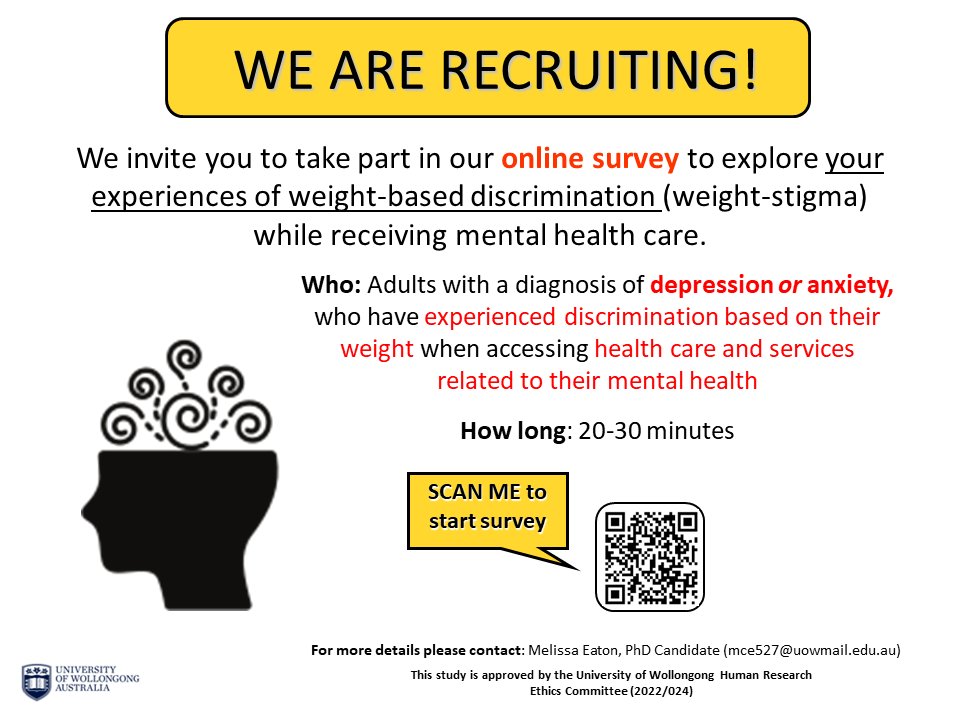 Do you feel that you have experienced discrimination based on your weight (weight-stigma) while accessing health care &amp; services related to your #mentalhealth?

Are you aged 18 years or older &amp; have or ever had a diagnosis of depression or anxiety?

redcap.uow.edu.au/redcap/surveys…