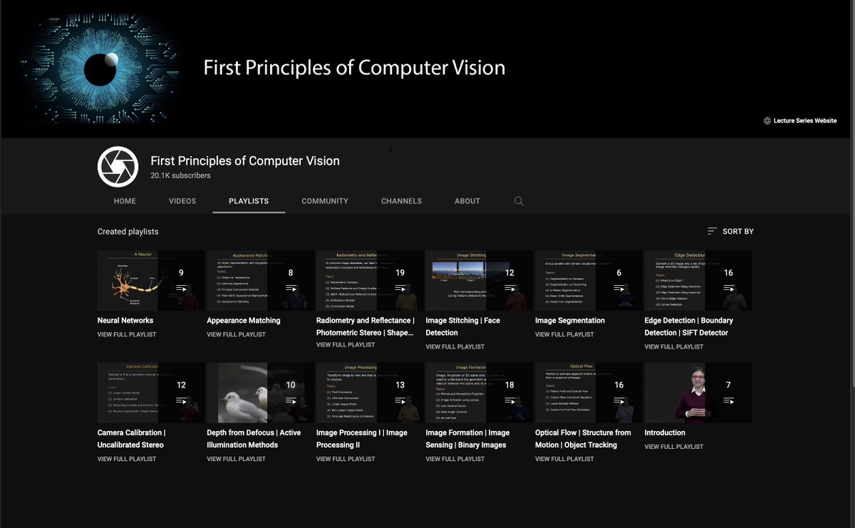 First Principles of Computer Vision, Columbia University

Really nice lectures on the physical and mathematical foundations of computer vision.

140 videos that you can watch at your pace. Slides are also provided to follow along ⬇️⬇️
