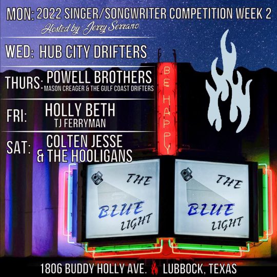 BluelightLive's tweet photo. This week is 🔥🔥🔥
Come see us! 

@BrothersPowell 
@MasonCreager 
@hollybethmusic 
@tjferryman 
@colten_jesse https://t.co/NlFaOqQ3Pp