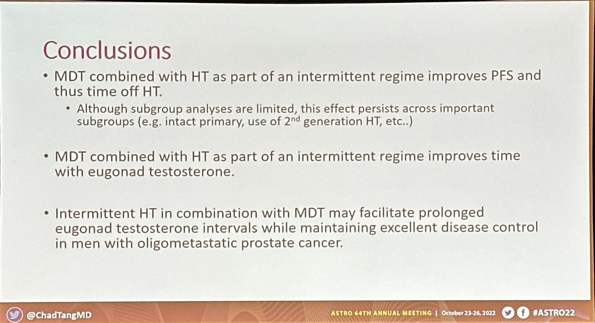Late breaking abstracts #ASTRO22 - @ChadTangMD EXTEND trial; oligometastatic #prostatecancer. Intermittent ADT + SABR versus ADR alone extends PFS, but importantly time men enjoy off ADT in the long term (eugonadal PFS). Important patient centric endpoint! 👏🏽⭐️ @OncoAlert #pcsm