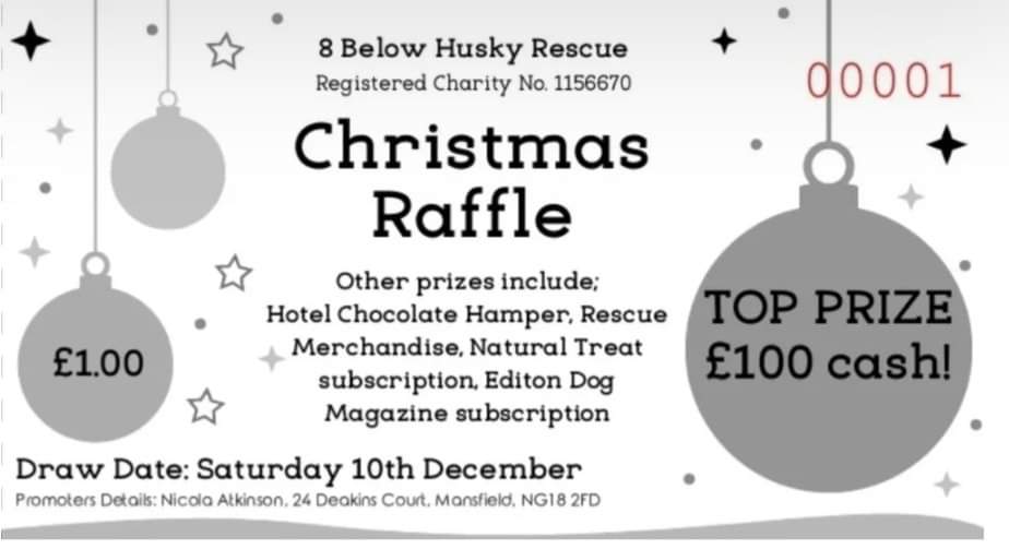 🎄 CHRISTMAS RAFFLE 🎁

There are some really awesome prizes!

⭐️ FIRST PRIZE £100 CASH! 

Other prizes include Hotel Chocolate Hamper, Rescue Merchandise, One Year Natural Treat Box Subscription and more!

So head on over 👇 to get your tickets 🥰

8belowhuskyrescue.org/product/christ…
