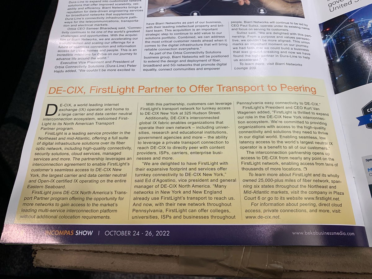 DECIX_US's tweet photo. Check out the mention of DE-CIX and @firstlightfiber's new partnership at The #INCOMPAS Show! This partnership leverages an #interconnection agreement to enable FirstLight’s customer’s seamless access to DE-CIX #NewYork.
Read the full press release here: https://t.co/dX0QNEwv2u https://t.co/H6My4Cwbq8
