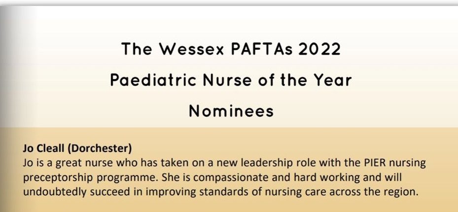Jo Cleall (@runjornc) on Twitter photo Wonderful surprise to be nominated for Paediatric Nurse of the Year in Wessex. Thankful to whoever nominated me <a href="/pier_network/">PIER Network</a> <a href="/DCHFT/">Dorset County Hospital NHS Foundation Trust</a> #paftas Wonderful surprise to be nominated for Paediatric Nurse of the Year in Wessex. Thankful to whoever nominated me <a href="/pier_network/">PIER Network</a> <a href="/DCHFT/">Dorset County Hospital NHS Foundation Trust</a> #paftas