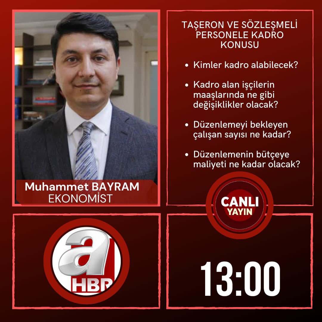 ➡️Taşeron ve Sözleşmeli Personel kadro alabilecek mi?
➡️Düzenlemenin bütçeye maliyeti ne kadar olacak? 

Saat 13.00’de @Ahaber’de değerlendireceğim #AHaber #Taşeron #SözleşmeliPersonel #Kadro #Bütçe #Müjde