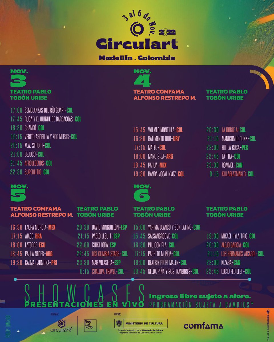 Circulart_'s tweet image. 🥳 Conoce la programación oficial de Showcases y prepárate para escuchar y disfrutar de la música de 42 artistas que nos acompañarán en las #MuestrasArtísticas en la décimo tercera edición de #Circulart 
👇🏼👇🏼