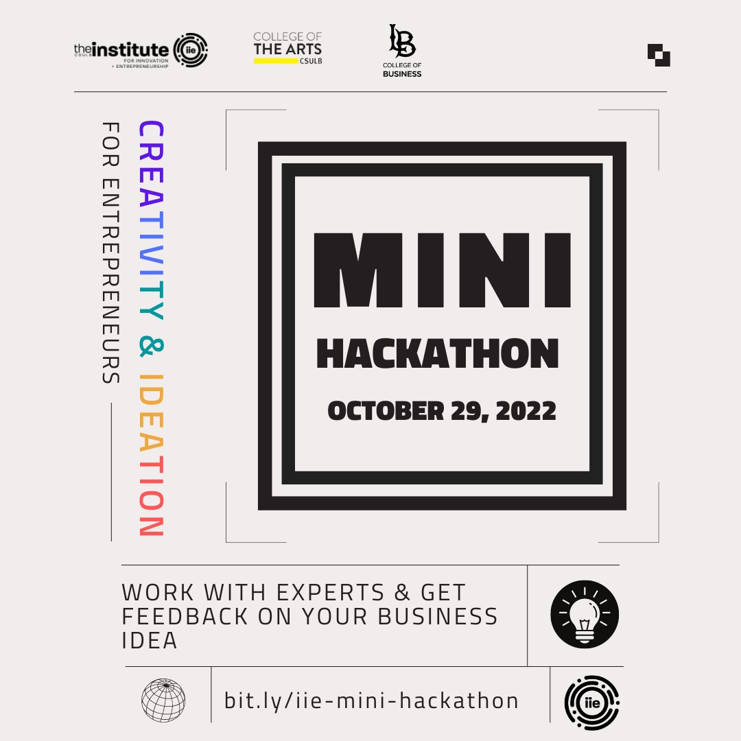 Work with experts to develop your business idea and walk away with a plan to move it forward! Open to all students and community members, this FREE event is from 10am - 6pm this Saturday, Oct 29 on campus at the Anatol Center. Lunch provided!

Register: bit.ly/iie-mini-hacka…