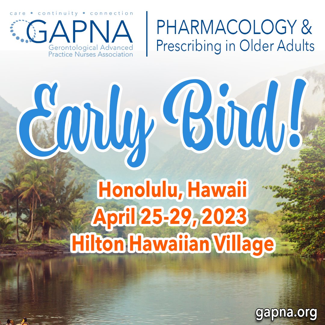 GAPNA_HQ's tweet photo. There's no time to waste! Register for GAPNA's 2023 Pharmacology &amp; Prescribing in Older Adults Conference today to save money on registration fees. We can't wait to see you in The Aloha State.🌸 Register at https://t.co/C33WVIc24o  

#conference #hawaii # #gerontology #nursing https://t.co/OnuW3zFm2V