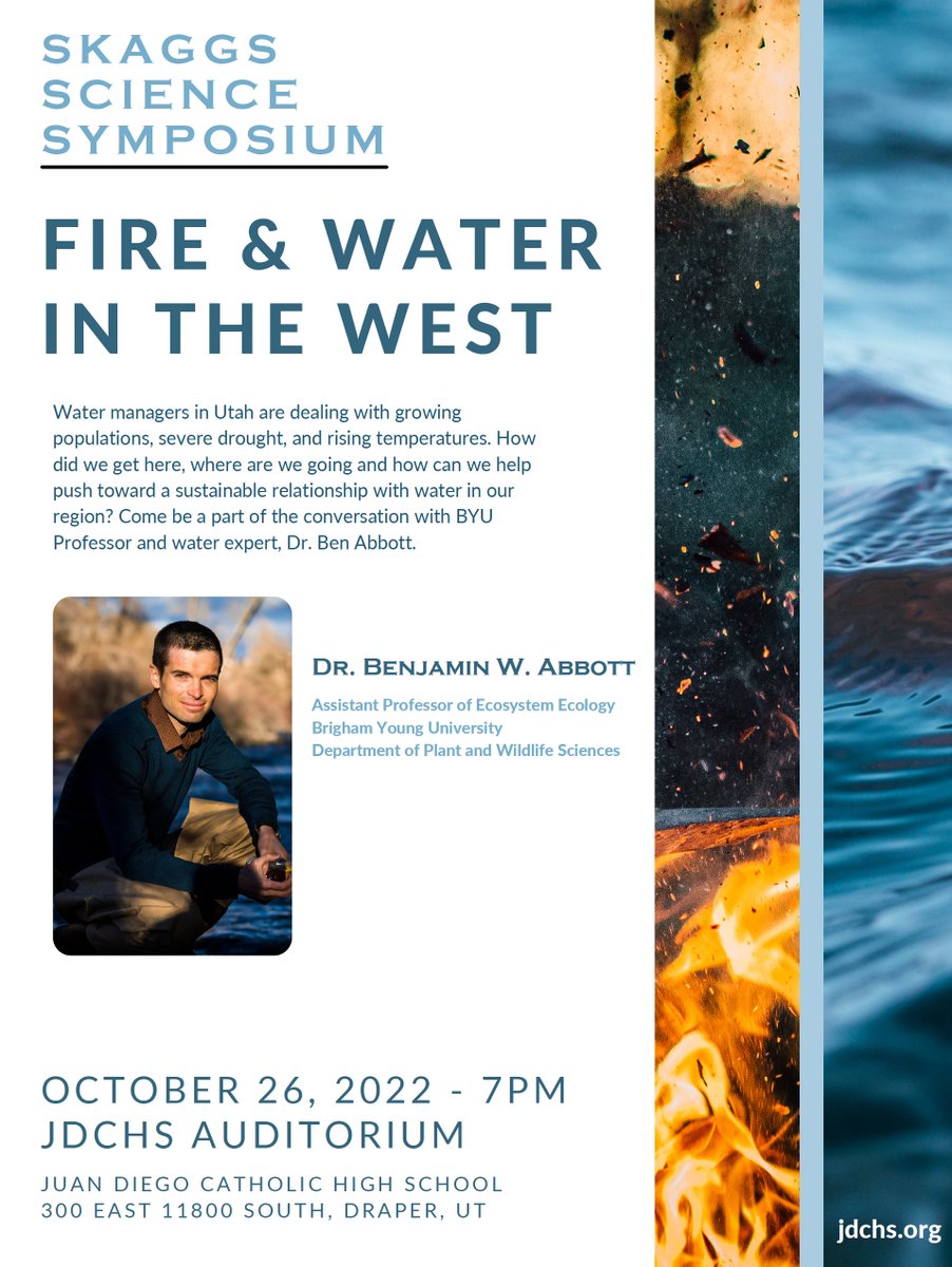 Tomorrow evening, I'm excited to be speaking with the <a href="/JDCHS/">Juan Diego Catholic High School</a> student body about fire and water in the western US. The lecture is open to the public, if you happen to be in Utah or Salt Lake counties.