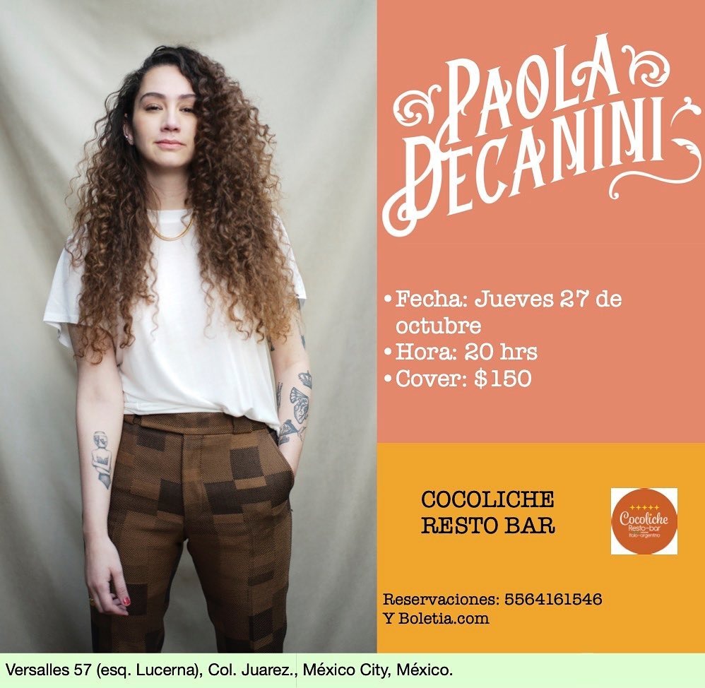 <a href="/_paoladecanini/">Paola Decanini</a> se presenta este jueves 27 en el Cocoliche Resto Bar en punto de las 20:00 hrs.

Aparta tu lugar: …os-paola-decanini-en-cdmx.boletia.com

<a href="/frequencymx/">Frequency Media MX</a> 

#PaolaDecanini #CocolicheRestoBar
#Conciertos #Difusión #Música
