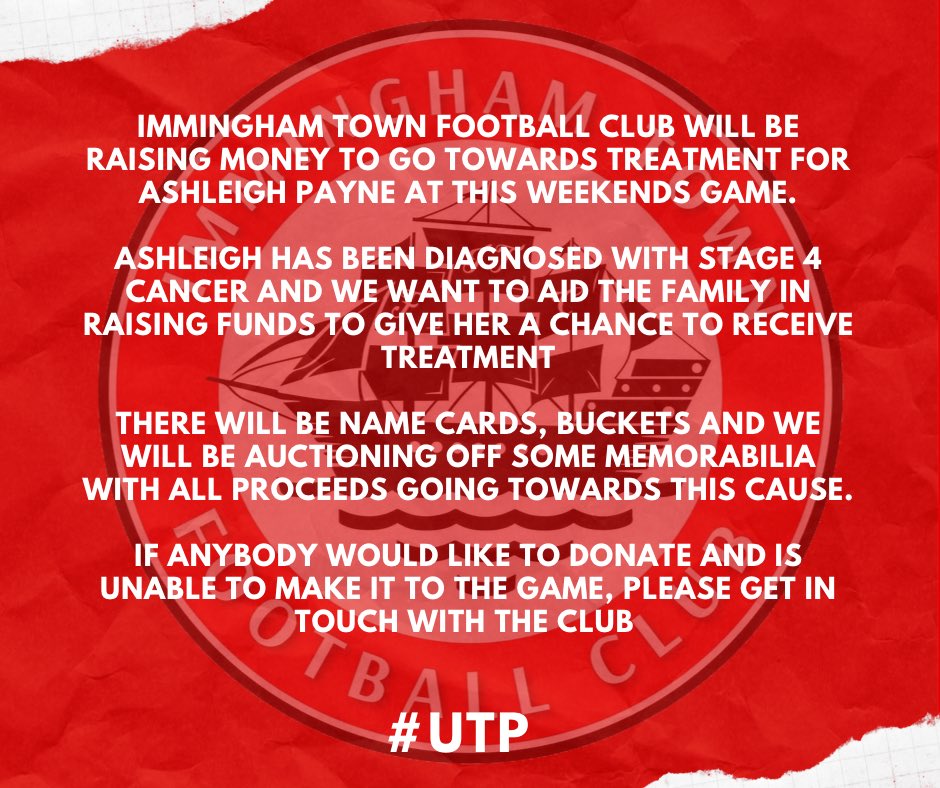 ImmTownfc's tweet photo. 𝗔𝗡𝗡𝗢𝗨𝗡𝗖𝗘𝗠𝗘𝗡𝗧

At this weekends game vs Grimsby Borough Reserves at Blossom Way Sports And Social Club, with approval from the family, we will be raising money to go towards Ashleigh Payne’s treatment.

Our town is a special place and we look out for our own

#UTP https://t.co/MfJnrfziIL