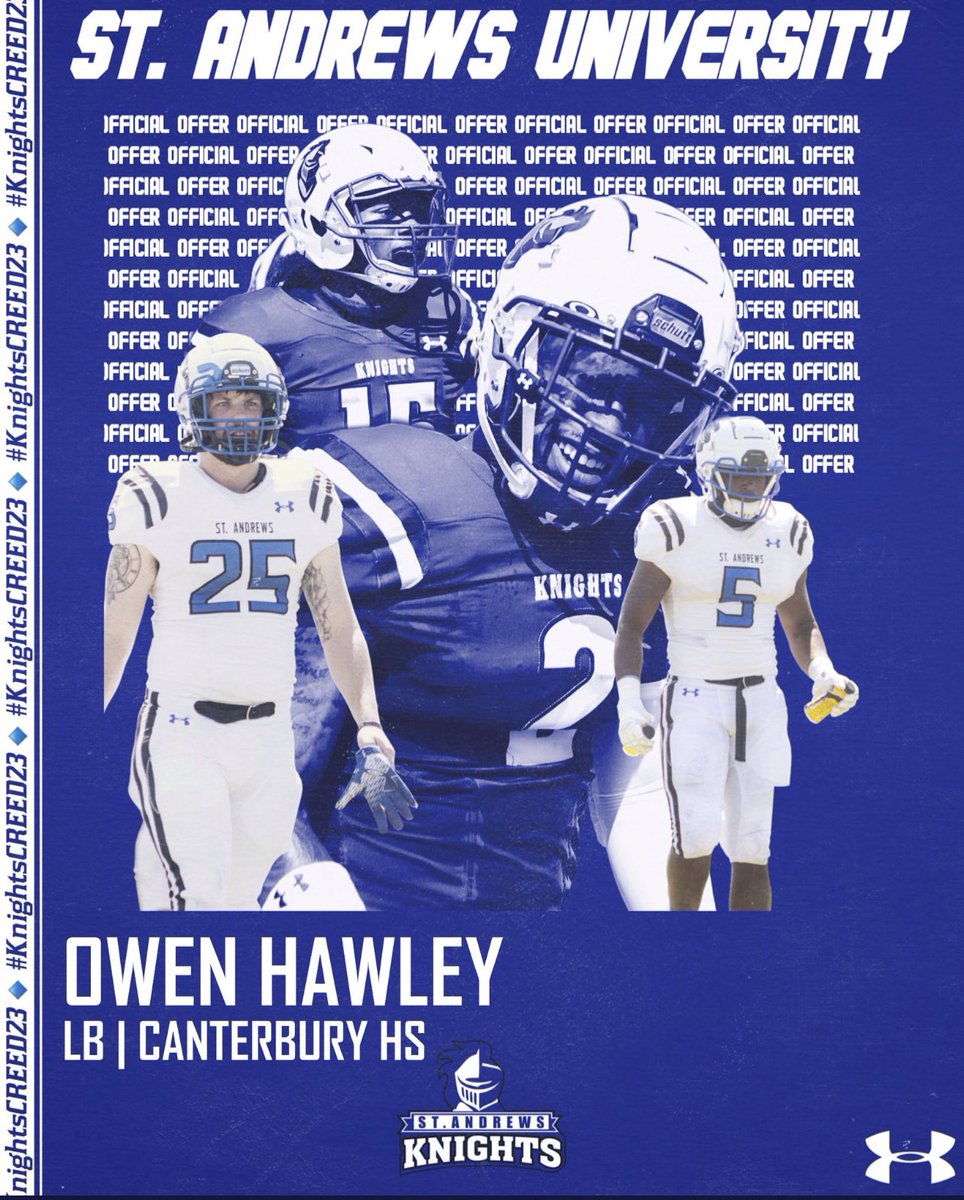 Blessed to receive an offer from St. Andrews University. Thank you <a href="/CoachChristensn/">Aaron Christensen</a> <a href="/StAndrewsFB/">SAU Football</a> for the opportunity!
<a href="/tq_coach/">Coach_Tariq Humes</a> <a href="/coach_camarca/">Vince Camarca</a> <a href="/CanterburyFB/">Canterbury High School Football</a>