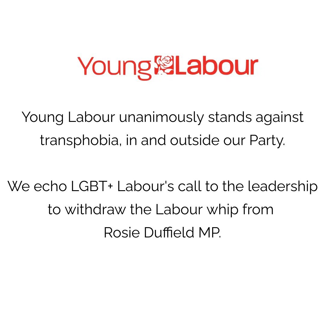 nabeelamowlana's tweet photo. On behalf of @YoungLabourUK, the national committee unanimously stands against transphobia, in and outside our Party.

We echo LGBT+ Labour's call to the leadership to withdraw the Labour whip from Rosie Duffield MP. https://t.co/8x9wNDNZ20