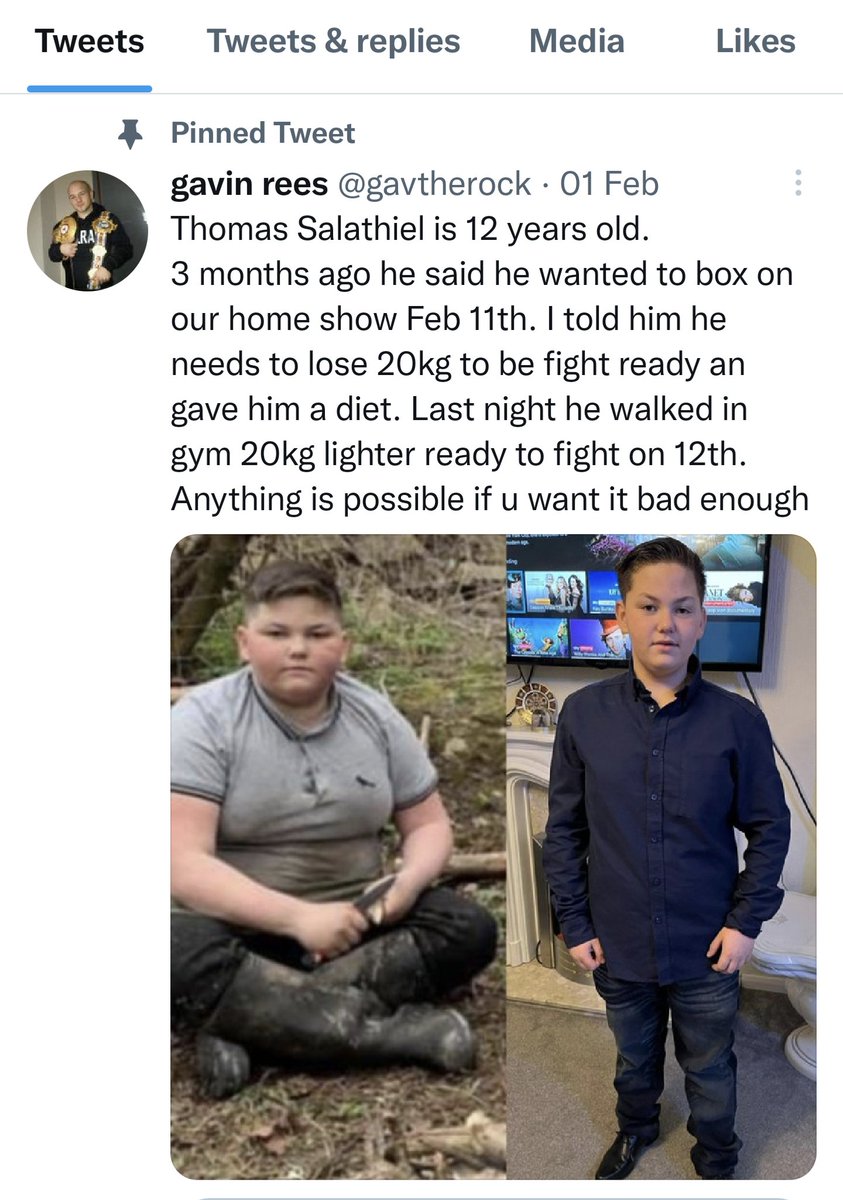 gavtherock's tweet photo. Some of u may remember the story I did about Thomas salathiel in February about losing 20kg in 3 months. Here he is around one year later after starting his weight loss around a foot taller an 38kg lighter 👏👏 well done my boy https://t.co/es2WCIDoz9