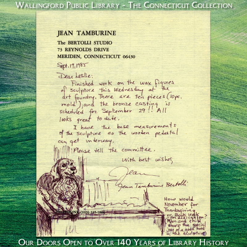 Walpublib's tweet image. In a continuing effort to incorporate fine art into the then-new building, the Library Board commissioned a sculpture by artist Jean Tamburine Bertolli. Made of bronze, the sculpture, titled &quot;Heritage&quot; symbolizes the sharing of the written word across generations.