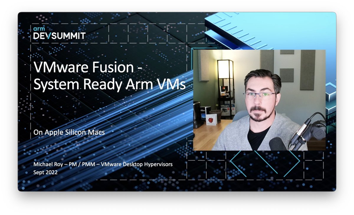 Michael Roy (@mikeroysoft) on Twitter photo Delighted to be presenting at the <a href="/arm/">Arm</a> #DevSummit!
I'll be sharing progress on running arm64 virtual machines on Apple Silicon Macs using <a href="/VMwareFusion/">VMware Fusion</a>! Some background, a quick demo... fun times!
It's a 'Masterclass' so it'll be available on-demand :)
devsummit.arm.com/flow/arm/devsu… Delighted to be presenting at the <a href="/arm/">Arm</a> #DevSummit!
I'll be sharing progress on running arm64 virtual machines on Apple Silicon Macs using <a href="/VMwareFusion/">VMware Fusion</a>! Some background, a quick demo... fun times!
It's a 'Masterclass' so it'll be available on-demand :)
devsummit.arm.com/flow/arm/devsu…