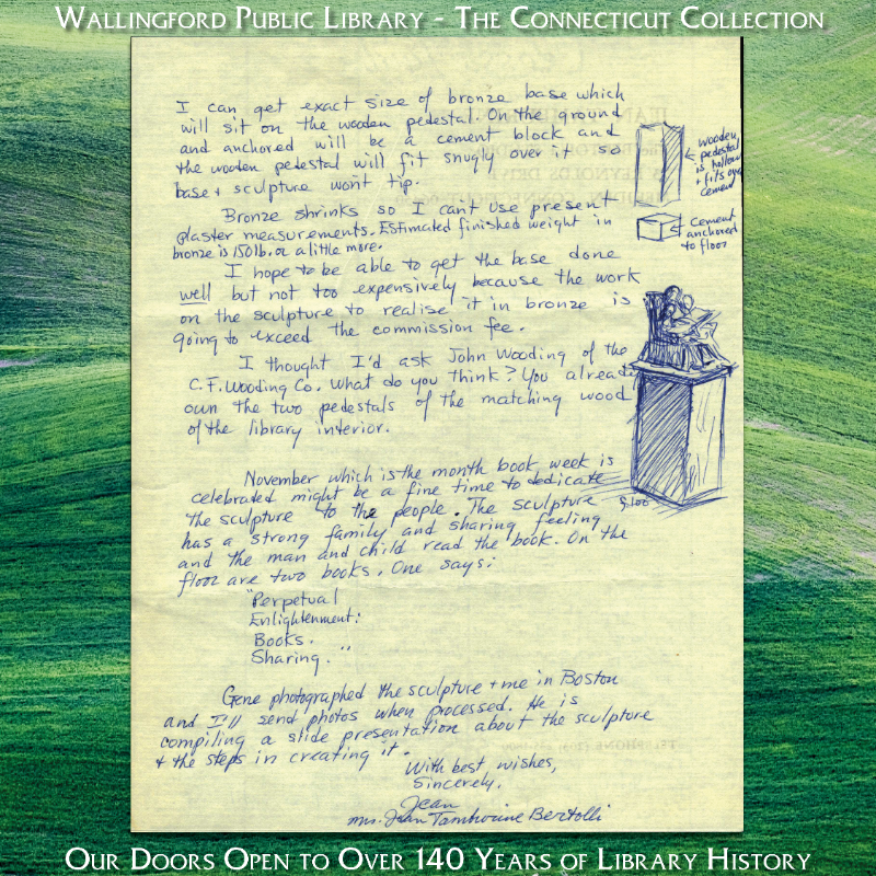 Walpublib's tweet image. In a continuing effort to incorporate fine art into the then-new building, the Library Board commissioned a sculpture by artist Jean Tamburine Bertolli. Made of bronze, the sculpture, titled &quot;Heritage&quot; symbolizes the sharing of the written word across generations.