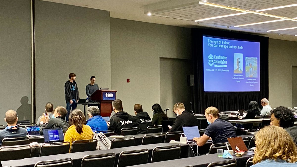Happening now: Sysdig security experts &amp; #Falco contributors <a href="/darryk10/">darryk10</a> &amp; <a href="/loresuso/">Lorenzo Susini</a> are teaming up at #CloudNative SecurityCon to explain how to use #CNCF container runtime security tool <a href="/falco_org/">falcosecurity</a> to detect &amp; monitor container escaping techniques based on capabilities. <a href="/KubeCon_/">Kubecon_</a>