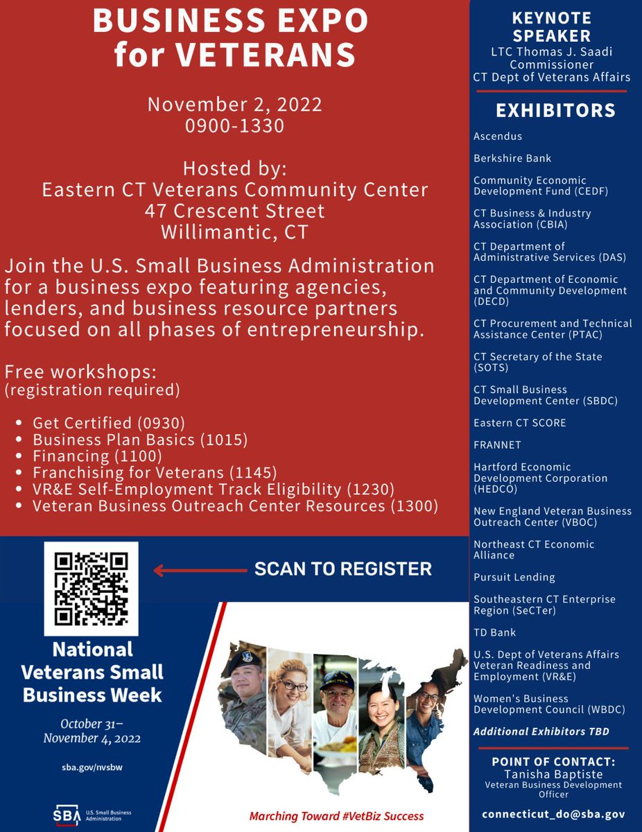ConnDAS's tweet photo. Join us November 2nd for the @SBAgov CT Business Expo for Veterans!
Celebrating National Veterans Small Business #NVSB Week, in partnership with the Eastern CT Veterans Community Center.
Register here: https://t.co/jZrqAMyJ2A
@CTVetsAffairs @_seCTer @pursuit_lending https://t.co/dGb7iaLp2f
