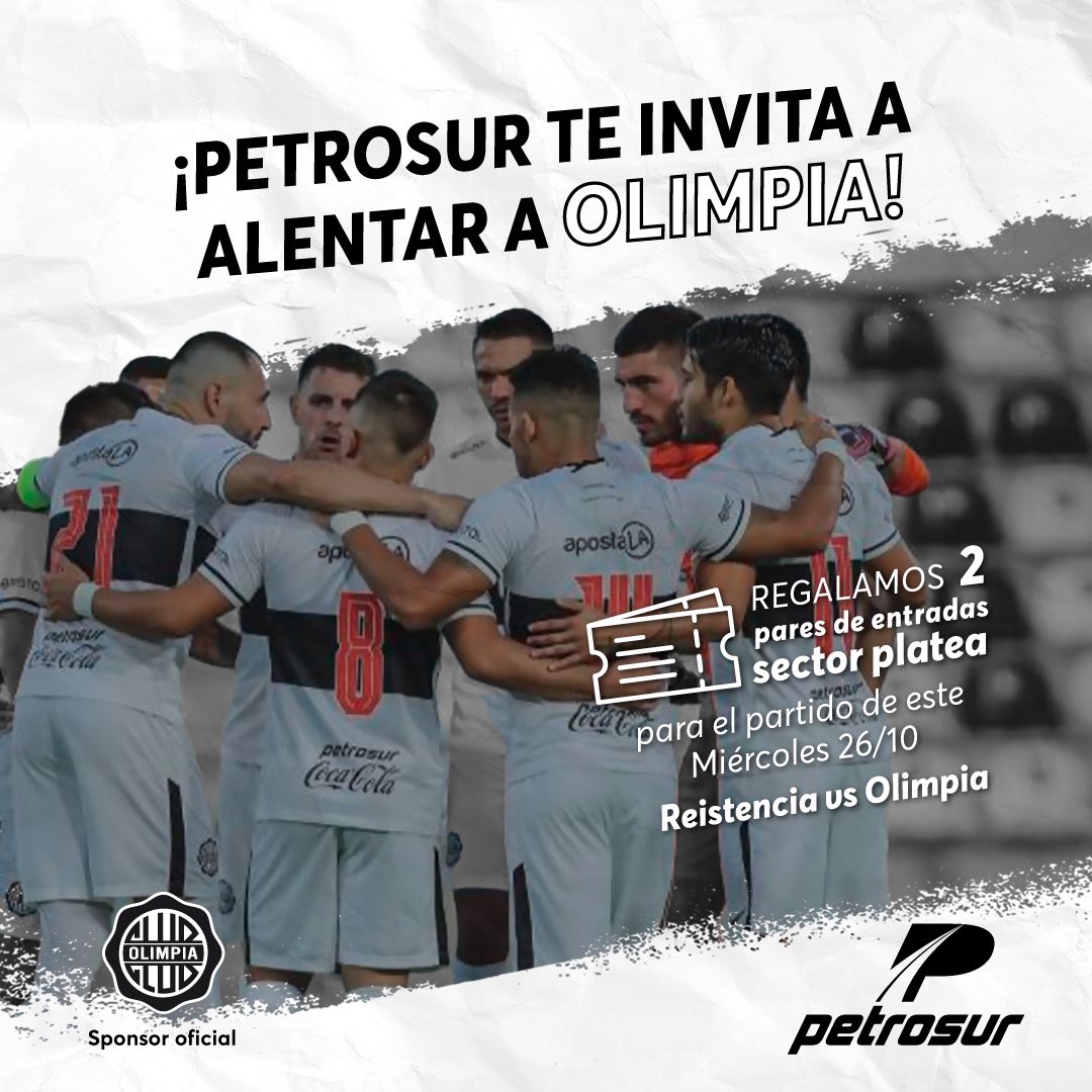 Petrosur's tweet photo. ¡Regalamos 2 pares de entradas Sector Platea para alentar a Olimpia en su partido contra Resistencia!

✅ Seguí nuestra cuenta.
✅Dale RT a esta publicación.
✅Comentá arrobando a tu acompañante.

Sorteamos el Miércoles 26/10

#PETROSUR Sponsor Oficial del Club Olimpia. https://t.co/s4ZwauxBmU