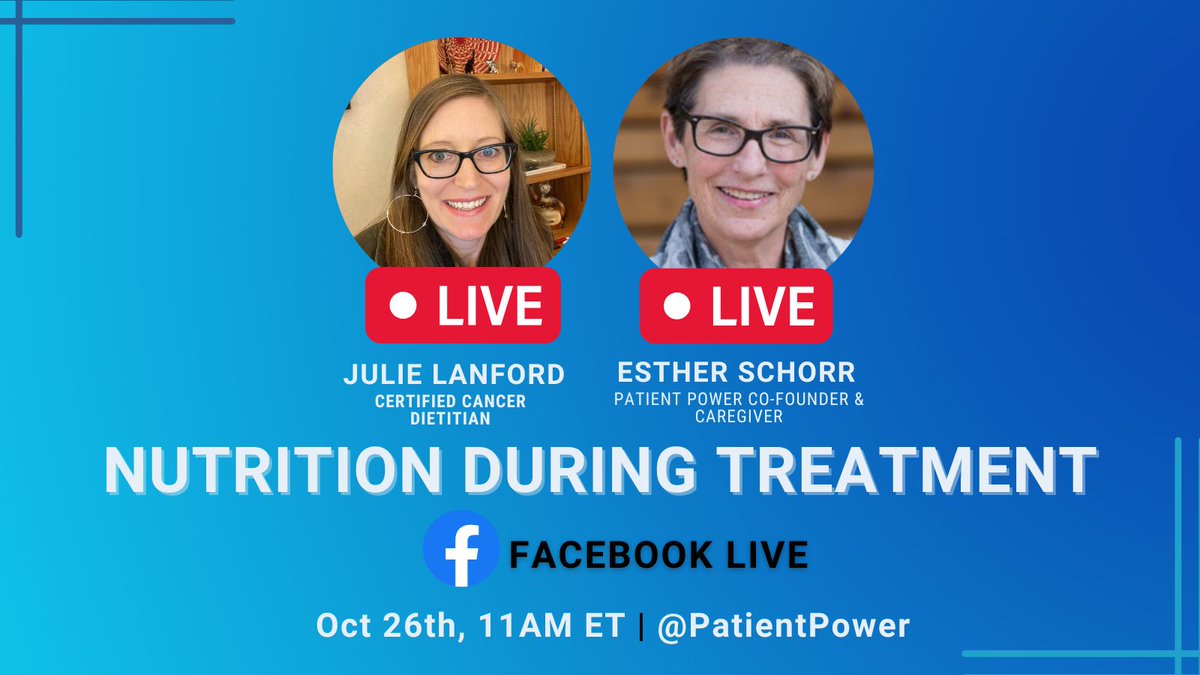 Join Julie Lanford - a super cancer nutritionist - at 11 am ET/8 am PT TOMORROW on @PatientPower for a Facebook Live! We'll try to answer as many questions as we can about how to eat healthy before, during and after treatment. facebook.com/PatientPower.I…