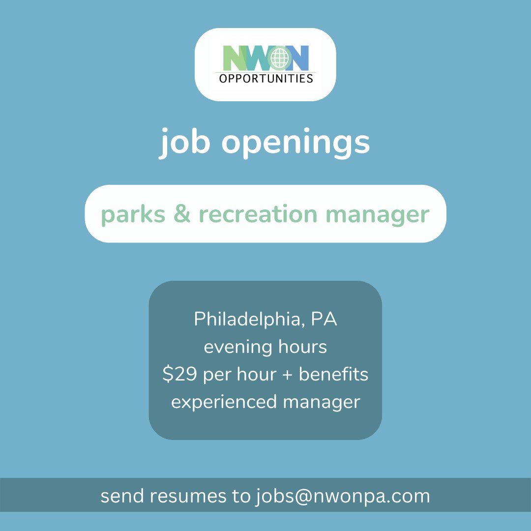 NWONPA's tweet photo. JOB ALERT!! 

We are still in search of filling the parks and recreation manager position! If you are interested, please send your resume to jobs@nwonpa.com! 

#jobhunt #jobsearch #phillyjobs https://t.co/YBzq0GmRl5