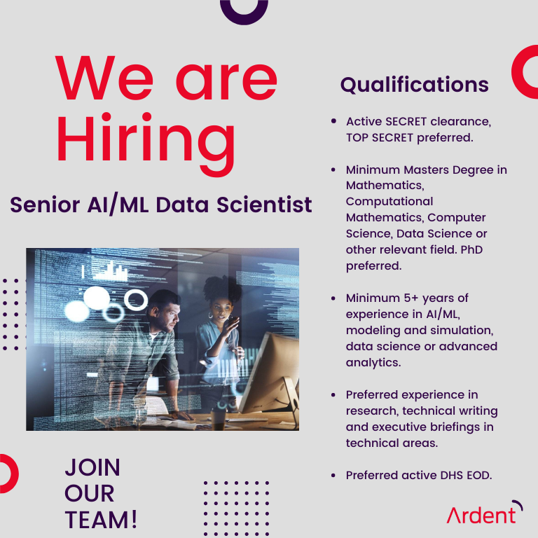 Ardent is hiring for a critical Senior AL/ML Data Scientist role! Do you qualify? This is an incredible opportunity for the right candidate. Come be a part of our "ALL IN" team! Learn more here: lnkd.in/gv6RB_jV