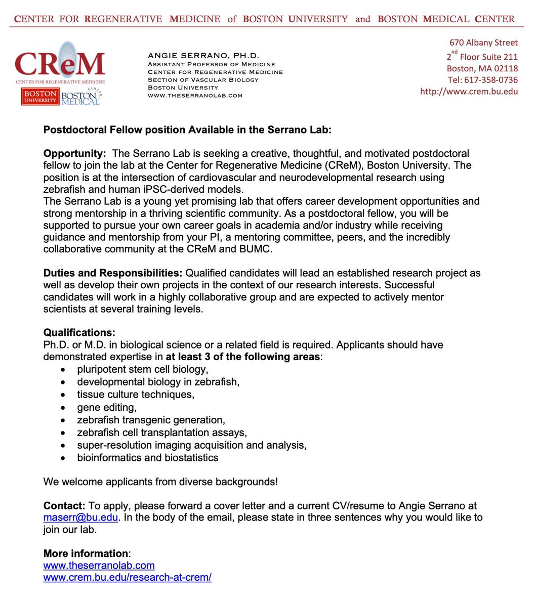 And now…we are ready for you! We are hiring a postdoc! I will only say, we want you to be successful and we do it as a team! Come and join us! #zebrafish #iPSC #BrainOrganoids #RareDisease Retweet appreciated! @ZebrafishRock @BU_Tweets @BUMedicine crem.bu.edu/now-hiring/