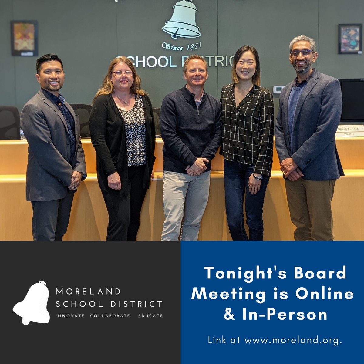 Join us tonight at 5:00pm in-person or online for our Board of Trustees meeting! Visit facebook.com/MorelandSchool… for details, how to join us, and how to make public comment. 
#MorelandMoments #SchoolBoardMeetings #CelebrateMoreland