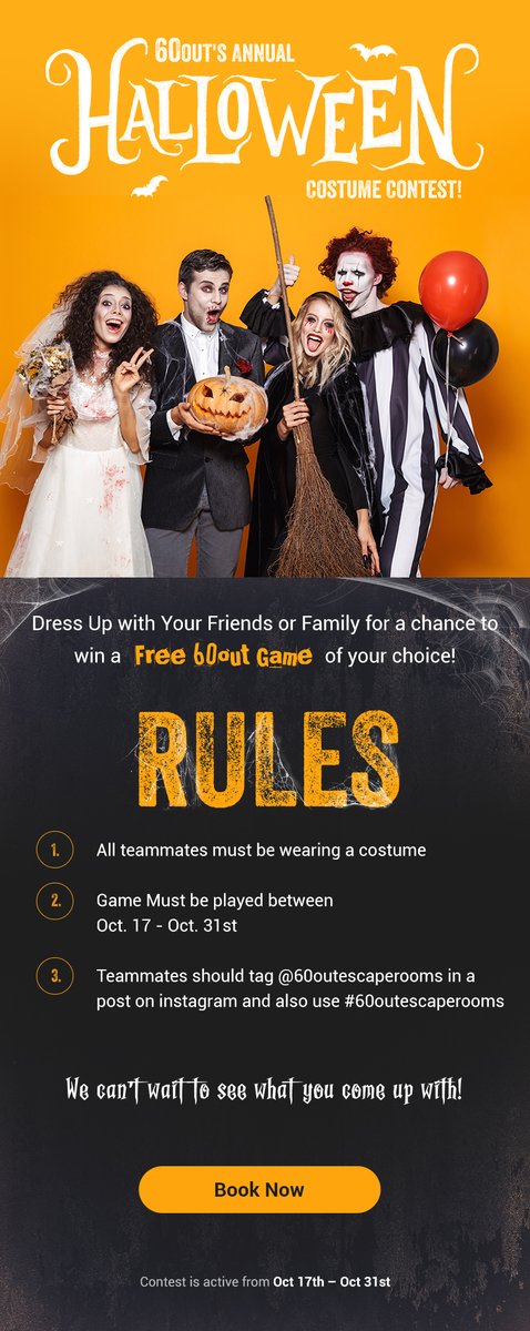 60outEscapeRoom's tweet photo. 60out's Annual Halloween Costume Contest!

https://t.co/Rv3JKQnHIm https://t.co/gc0gt8hGZH