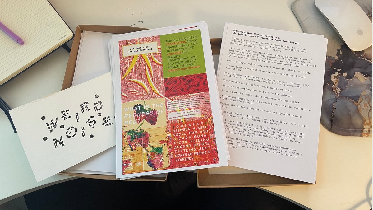 ASCopeland's tweet image. Softly parted open my copy of @WeirdNoiseZine for exploration today. It acts a bit like a tarot card deck of audio inspirations. Today I split the paper pile to find contributions from @MartinezAriana_ and @_jamestgreen. #CreativePractice #SoundExperiments