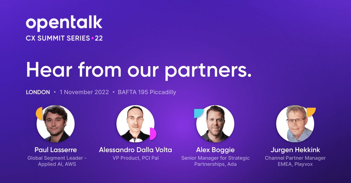 Talkdesk's tweet photo. We have a fabulous lineup of partners speaking at #Opentalk22 in London next week 💜 — Paul Lasserre of @awscloud, Alessandro Dalla Volta of @PCIPAL, Alex Boggie of @ada_cx, and Jurgen Hekkink of @playvoxcx.
Don't miss out! Join here ➡️ https://t.co/aoAmwkOKg7 https://t.co/Dx3XT1D6es